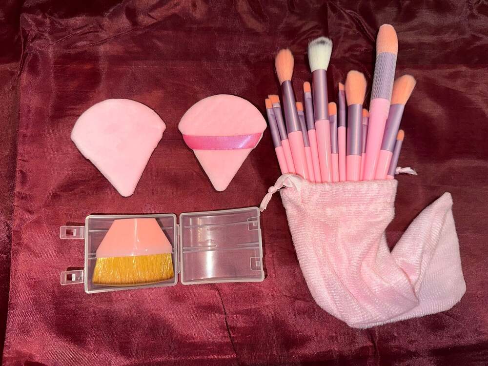 Pink Makeup Brush Set with Pouch, Powder Puffs, and Foundation Brush in Case